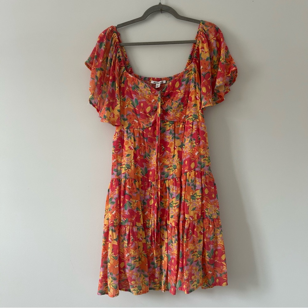 Marissa Olivia Red Orange Floral Flutter Sleeve Peasant Smocked Mini Dress L